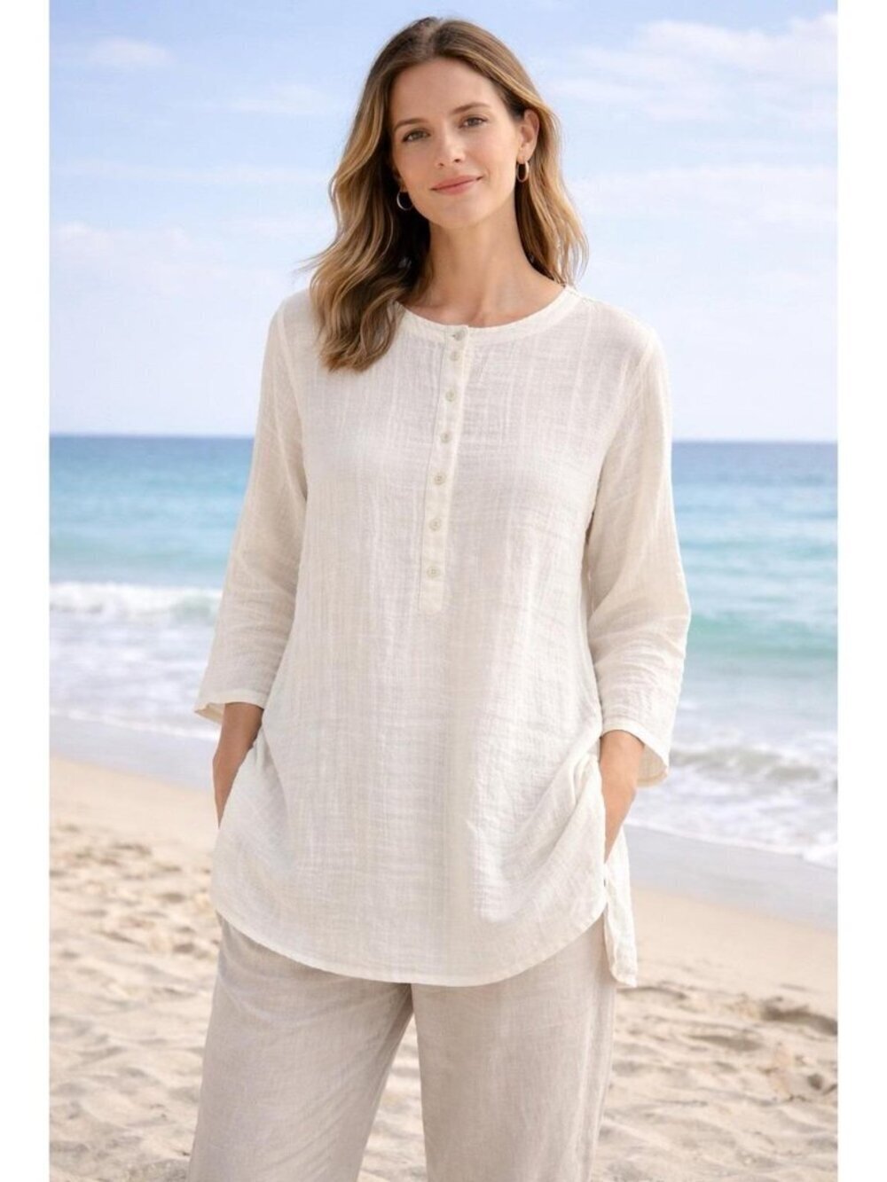 J Jill Pure Jill Women's Small Pink Gauzy Long Sleeve 1/2 Button Pullover Top